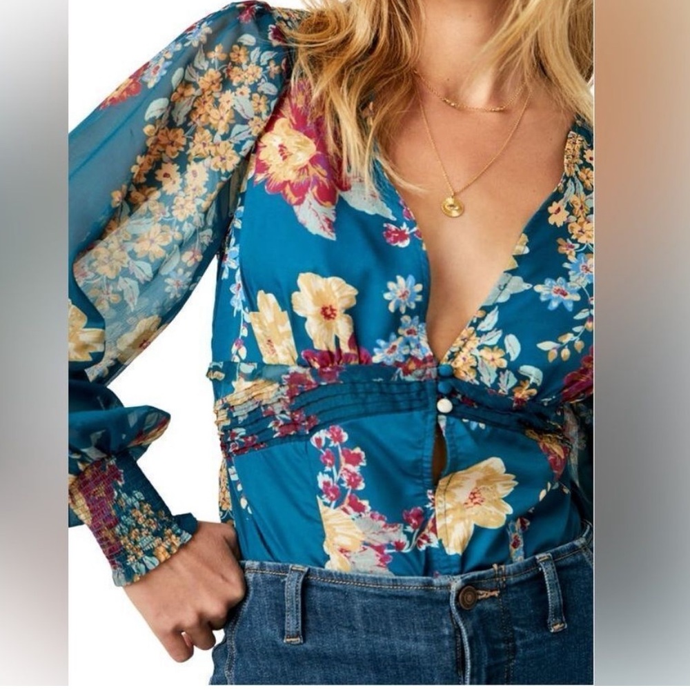 NWT Free People Floral Bodysuit - Blue and Yellow